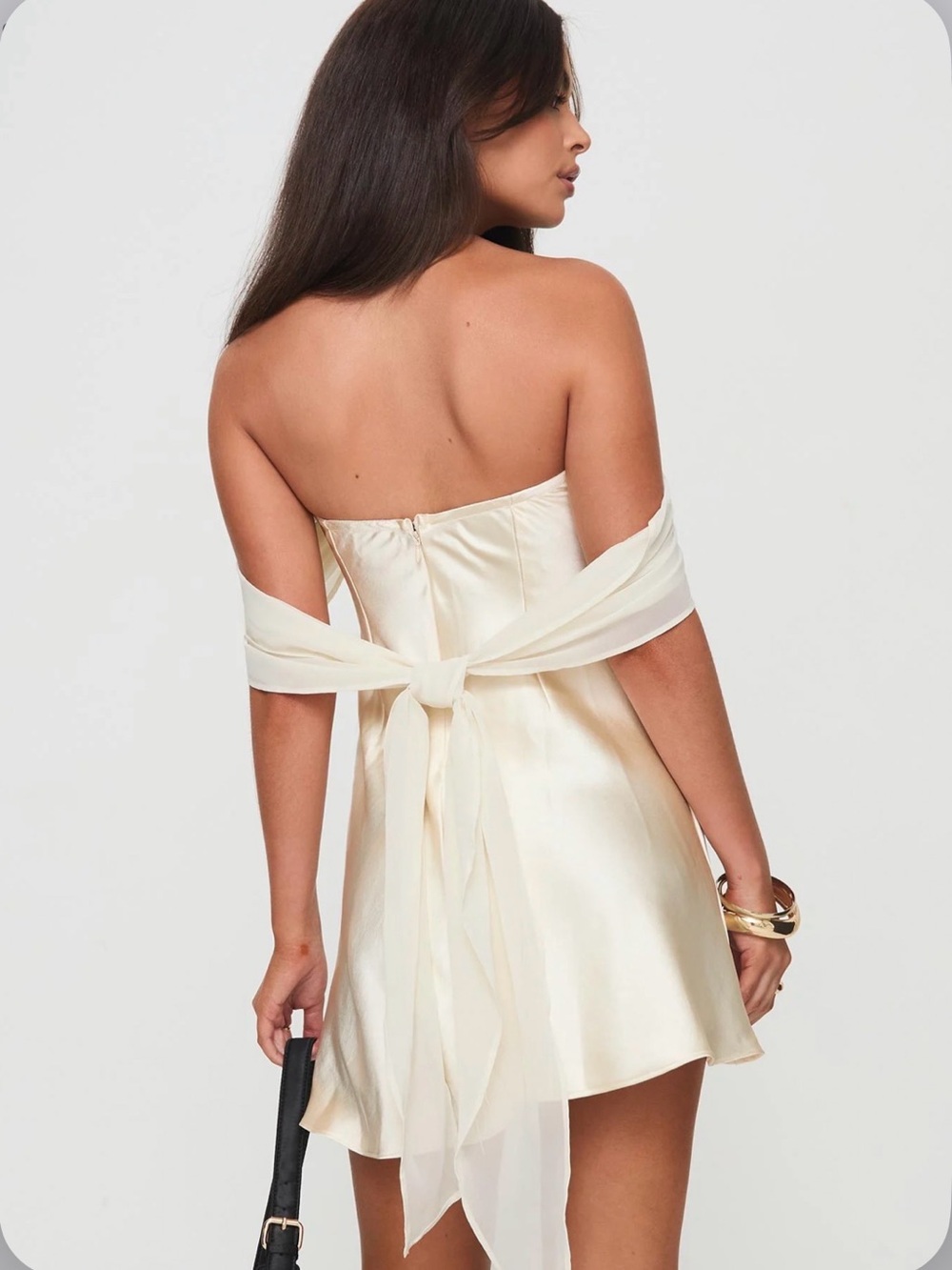 NWT Princess Polly Cream Strapless Off-Shoulder Draped Tie Back Mini Dress 6 - Picture 3 of 10